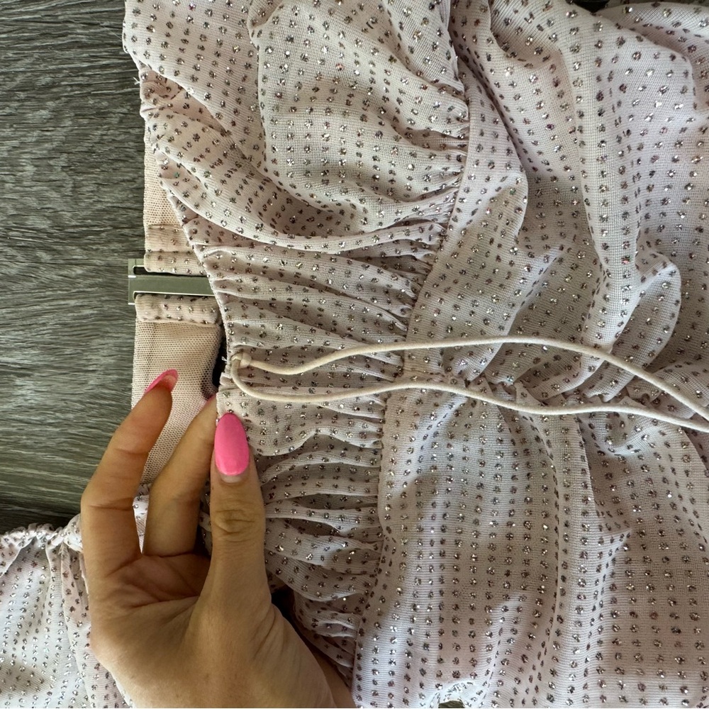 For Love & Lemons Pink Glitter Ruched Mini Dress Puff Sleeve - Picture 5 of 16